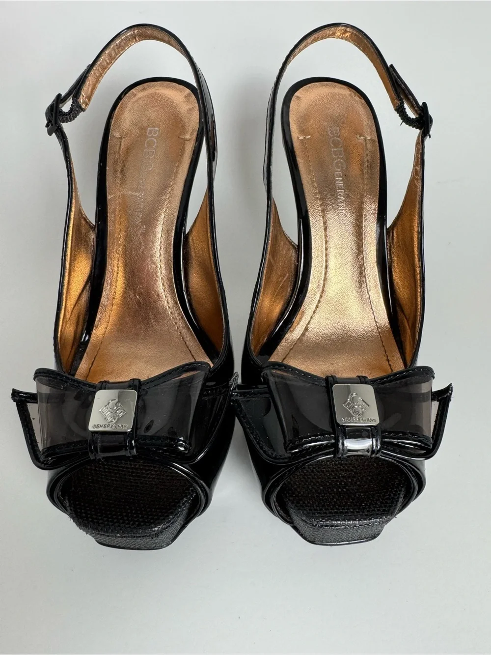 BCBGeneration Angelo Black Peep Toe Platform Slingback Stilettos Size 6